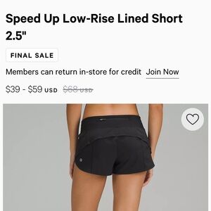 Black Lululemon speed up shorts low rise lined size 4